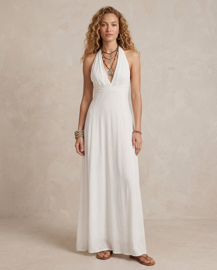 ELORA | Robe Maxi Halter Écru