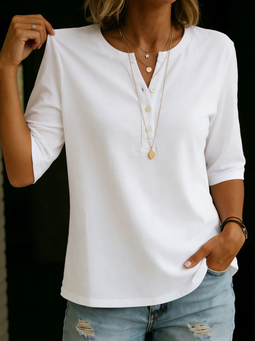 Pauline | Top Henley à Col Boutonné et Manches 3/4