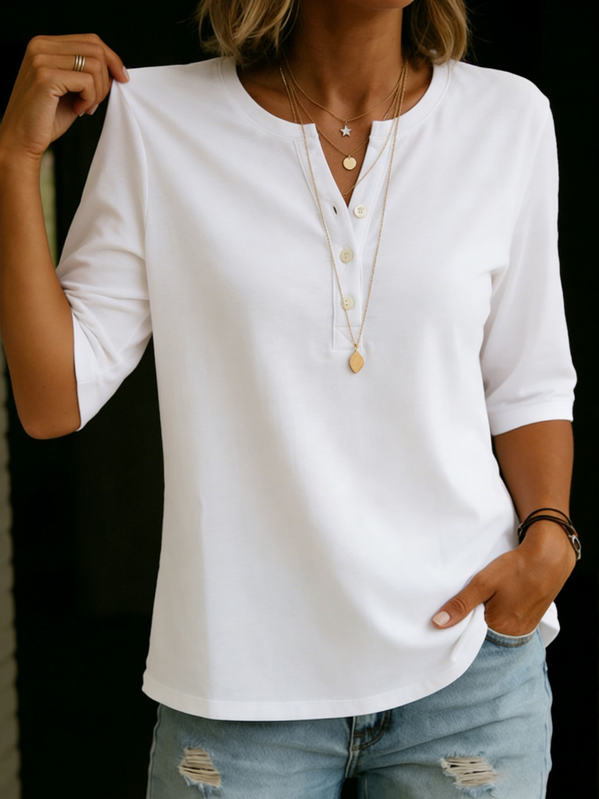 Pauline | Top Henley à Col Boutonné et Manches 3/4