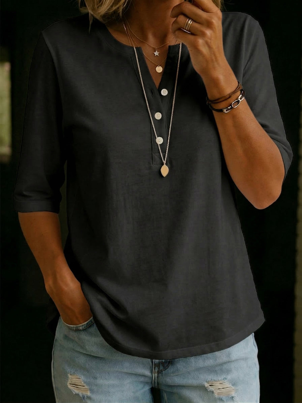 Pauline | Top Henley à Col Boutonné et Manches 3/4