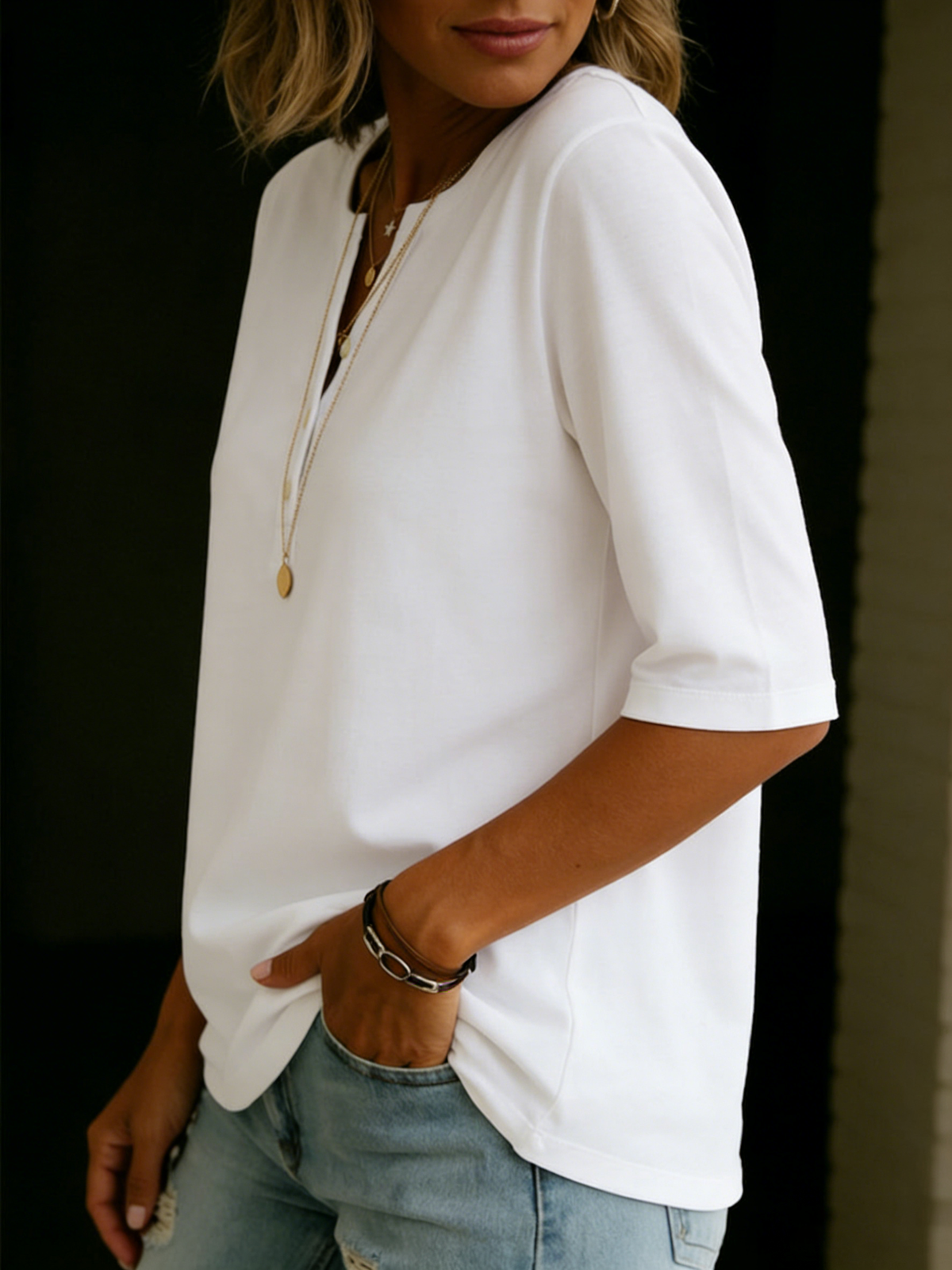 Pauline | Top Henley à Col Boutonné et Manches 3/4