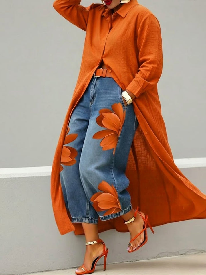 Martine | Ensemble Chemise Longue et Jean à Motif Floral
