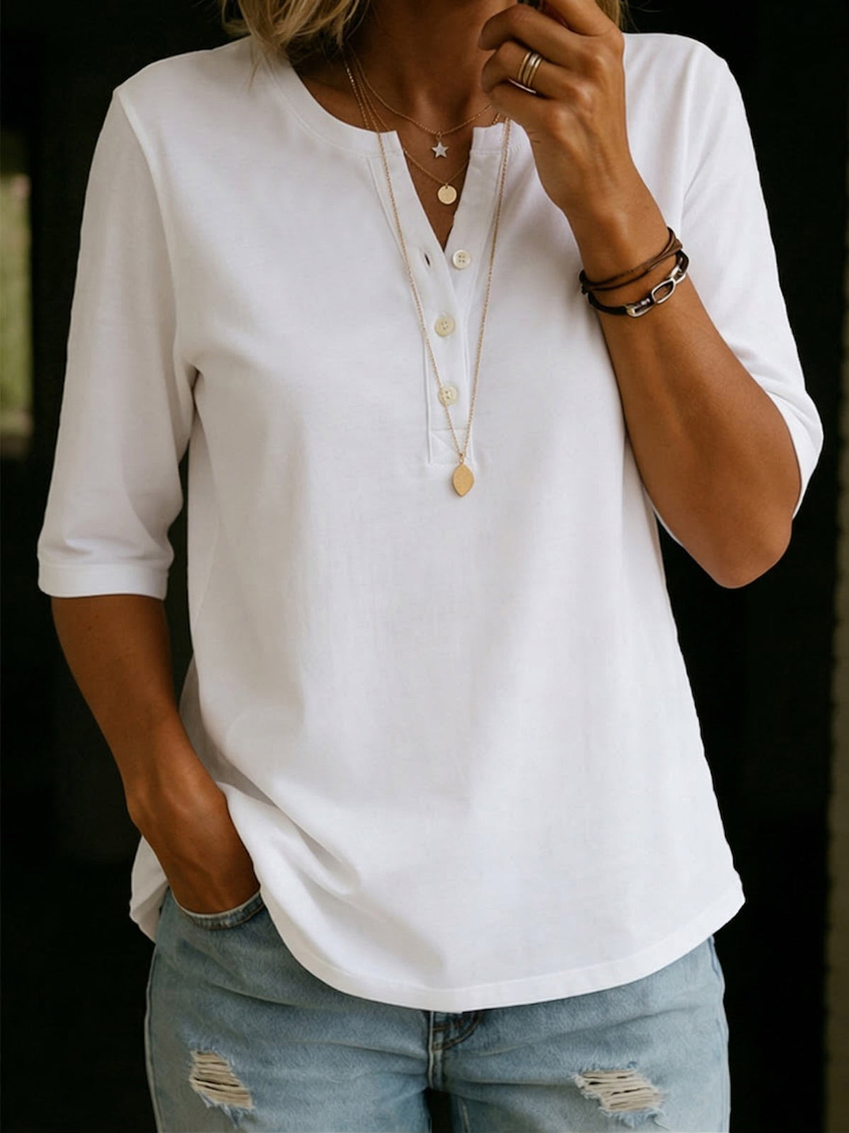 Pauline | Top Henley à Col Boutonné et Manches 3/4